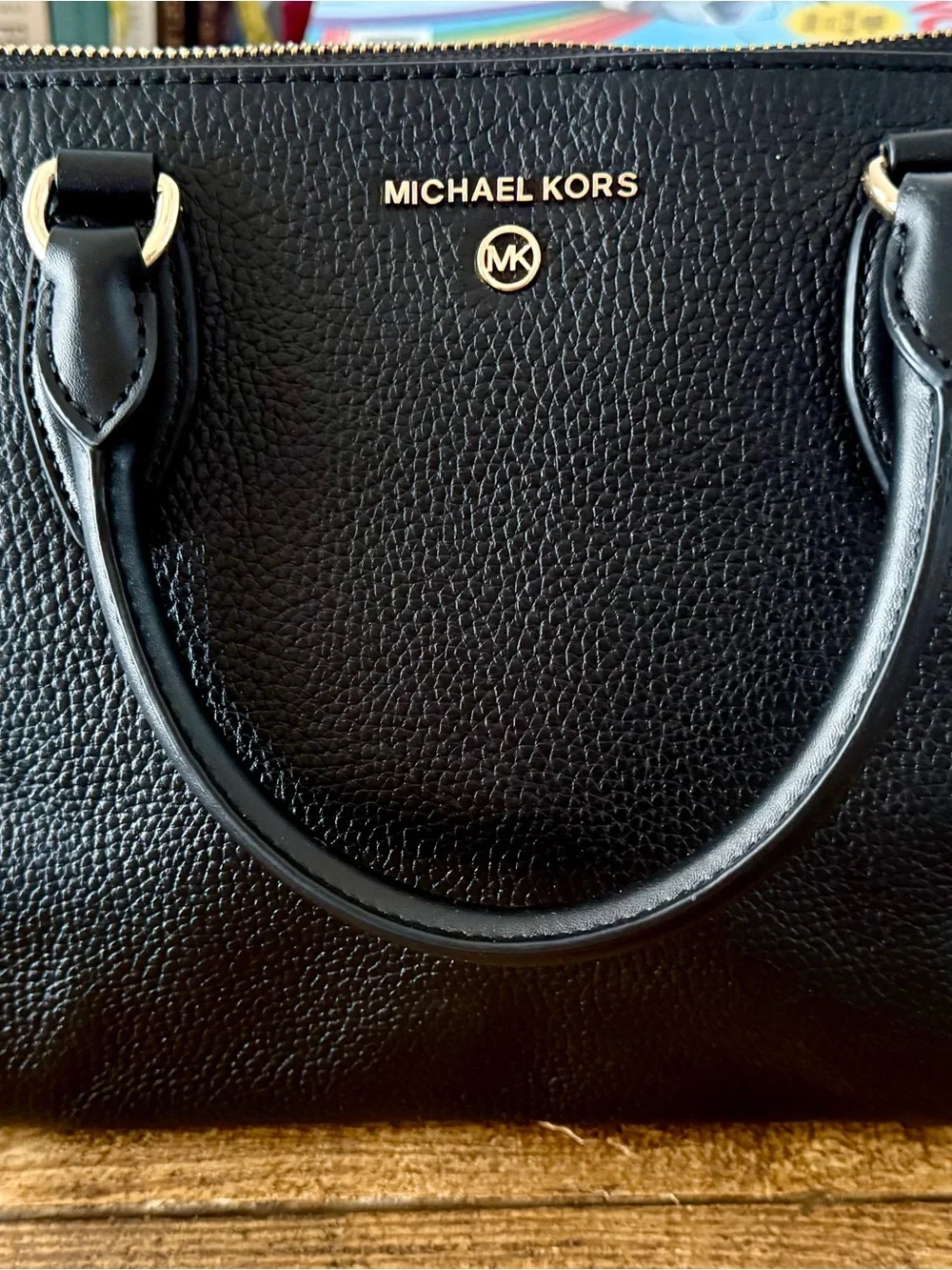 Michael Kors Black Pebbled Leather Top-Handle Satchel with Gold Hardware